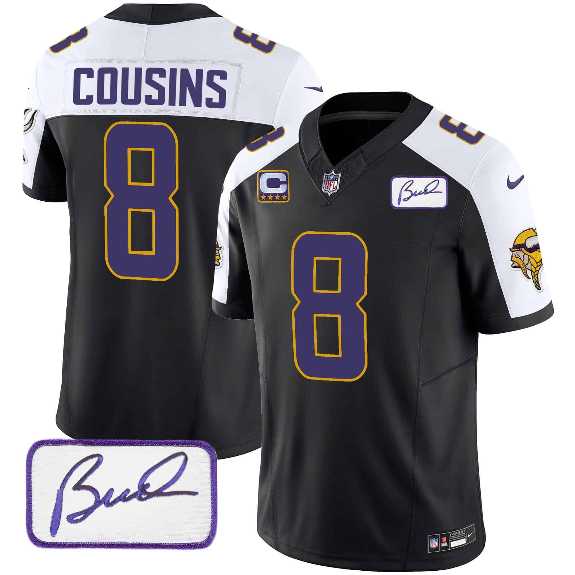 Men Minnesota Vikings #8 Cousins Black 2024 Nike Bud Grant Patch Classic Limited NFL Jersey style 1